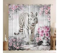 White Tiger Curtains for Windows,Pink Rose Flower Curtains for Living Room Bedroom Decor,Western African Wildlife Animal Blackout Drapes 2 Panel Sets,46x54L