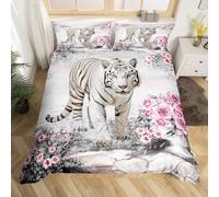 White Tiger Duvet Cover Double Size,Rose Flower Comforter Cover for Adults Kids Bedroom Decor,Western African Wildlife Animal Decorative Bedding Set 2 Pillowcases,No Comforter
