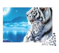 White Tiger Family 1000 Piece White Tiger & Cub Moon Art Jigsaw Puzzle For Adults Thick Card Board Decompression Difficult Game Gifts for WomenGifts for Men 52x38cm/1000pcs