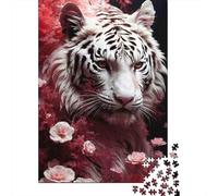 White Tiger Floral 1000 Pc Thick Cardboard Premium Jigsaw Puzzle Set Family Lovers Concentration Training Fun Present 38x26cm/1000pcs