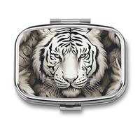 White Tiger Head Pattern Pill Case 2 Compartment Small Pill Box Compact Travel Daily Medicine Organizer Portable Medicine Vitamin Container Fish Oil and Supplement Storage