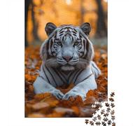 White Tiger in Autumn Leaves 1000 Pieces Jigsaw Puzzle, Animal Lover Puzzle, Calm Indoor Activity, 52x38cm/1000pcs