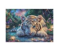White Tiger in Forest with Glowing Flowers 300 Piece Pack DIY Jigsaw Puzzle Collectors Cognitive Development Educational Decorative Puzzle Gifts for Adults Recycled Cardboard 300 PCS