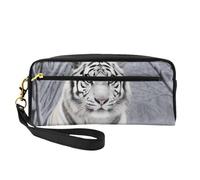 White Tiger in Snow Printed Makeup Bag for Women Travel PU Leather Cosmetic Bag with Wristlet Toiletry Bag