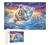 White Tiger in Starry Waters 1000 Piece Jigsaw Puzzle for Couples Home Puzzle Collaboration Strategic Thinking Gift for Romance 1000 PCS