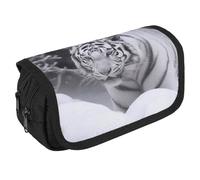White Tiger in The Snow Pencil Case Organizer - Large Capacity 3 Compartment Pencil Pouch for Adults, Portable Makeup Bag & Aesthetic Stationery Bag with Zipper (8.7x4.3") Unisex Gift