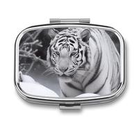 White Tiger in The Snow Pill Box - 2 Compartment Travel Pill Organizer with Small Mirror, Portable Pillcase for Pocket & Purse, Cute Square Medicine Case, Weekly Medicine Container