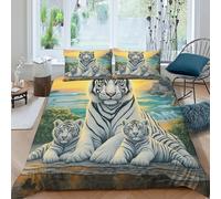 White Tiger Ocean Bedding Set 3D Design Lovely Marine Animals Duvet Cover Set Chic Breathable Comforter Cover Suitable for Family, Couple, Children with Pillow King（220x240cm）