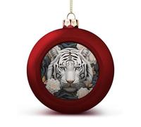 White Tiger Photo Puzzle Christmas Ball Ornaments - Red Shatterproof Plastic Vintage Rustic Xmas Tree Decorations Pendant for Family Holiday Wedding Party Xmas Hanging Decoration