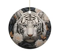 White Tiger Photo Puzzle Double-Sided Ceramic Christmas Ornaments - Round Hanging Mini Xmas Tree Decorations, Ideas for Farmers, Rustic Home Decor for Indoor Outdoor Tree Decor