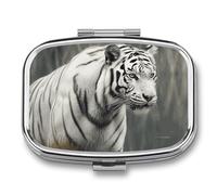 White Tiger Pill Box 2 Compartment - Small Metal Medicine Organizer Portable Pill Case for Purse Pocket Travel Vitamin Organizer for Men Women, BPA-Free