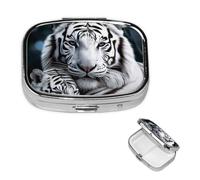 White Tiger Pill Box 2 Compartment Square Portable Pill Case for Pocket or Purse Pill Holder Weekly Pill Organizer Decorative Metal Medicine Vitamin Organizer Travel Gift