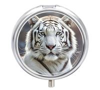 White Tiger Pill Box 3 Compartment Waterproof Pill Container with Mirror Metal Medicine Box Organizer Portable Vitamin Case for Pocket & Purse Travel - Round
