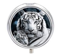 White Tiger Pill Case Metal Round Portable Pill Box,Waterproof Travel Pills Organizer Vitamins Medicine Storage Box for Travel Or Daily