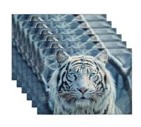 White Tiger Placemats Set of 6, Animal Realism Pack Place Mat for Table, Spring Summer White Washable Heat-Resistant Place Mat For Kitchen Dining Party Wedding Decor, 45x30cm