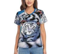 White Tiger Print Women's Summer Sexy Short Sleeve Tshirt Tops, Breathable Deep V Neck Casual Slim Tee