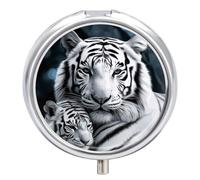 White Tiger Travel Pill Box Case 3 Compartment Cute Pill Organizer Metal Pill Holder with Mirror Small Medicine Organizer Daily Pill Container for Purse Pocket Portable Meds Box