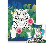 White Tiger Tropic Leaves Jigsaw Puzzles1000 Pieces Recall Skill Fun Professional Grade Cutting Thoughtful Gift for Mind Activity (50x75cm)