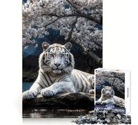 White Tiger Under Cherry Blossoms 1000 Pieces Puzzles for Adults Cognitive Boost Mindful Escape Tight Lock (50x75cm)
