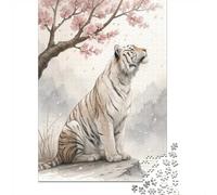White Tiger Under Cherry Blossoms Puzzle Game 1000 Pieces, Tiger Themed Animal Jigsaw, Gift for Adults And Families, 70x50cm/1000pcs