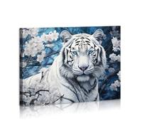 White Tiger Wall Art Animal Face Portrait Framed Canvas Print Wall Art Flower Teen Girls Art for Living Room Home Bedroom Decoration Modern Framed Artwork Decor Ready to Hang 12"x16"