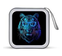 White Tiger with Neon Glasses CD Case 40 Capacity Plastic DVD Storage Box Sleeves Zippered Wallet
