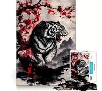 White Tiger with Red Blossoms Jigsaw Puzzles 1000 Mental Focus Game No Gap Tight Fitting Design Interactive Brain Challenge for Home (38x52cm)