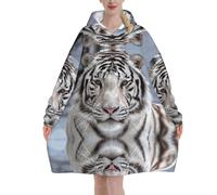 White Tiger,Women's Oversized Wearable Blanket Hoodie, Blanket Sweatshirt,Flannel Pullover Blanket