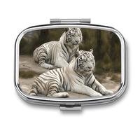 White Tigers Pill Case with 2 Compartment, Pill Organizer Portable Square Pill Box,Vitamin Pill Organizer for Pocket Purse and Travel