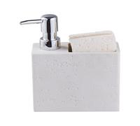 White Travertine Soap Dispenser with Sponge & Brush Holder - Hand & Dish Resin Soap Pump Bottle for Kitchen & Bathroom, 2-in-1 Countertop Organizer, with 2 Natural Sponges (Luxury Home Decor)