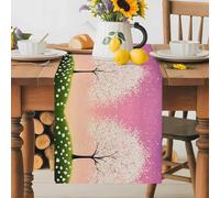 White Tree Table Runner 13x90 Inches Long Watercolor Trees Green Grass Gradient Pink Sky Cotton Linen Table Runner Burlap Style for Dinner Table Party Decor Tabletop Decorations