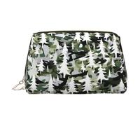White Trees Camo Leather Makeup Bag for Travel, Portable Cosmetic Organizer, Make Up Bag with Zipper
