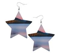 White Trendy Leather Star Earrings for Women â€“ Lightweight Lake under Sunset Print Dangle Jewelry, Party Favors & Decorations