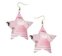 White Trendy Leather Star Earrings for Women â€“ Pink cherry blossom staircase Print Dangle Jewelry, Party Favors, Simple Hoop Pendants, One Size, Leather, No Gemstone