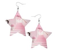 White Trendy Leather Star Earrings for Women – Pink cherry blossom staircase Print Dangle Jewelry, Party Favors, Simple Hoop Pendants, One Size, Leather, No Gemstone