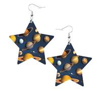 White Trendy Leather Star Earrings for Women â€“ Solar System Planets Print Dangle Jewelry, Party Favors, Simple Hoop Pendants, One Size, Leather, No Gemstone