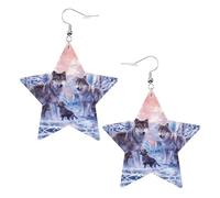 White Trendy Leather Star Earrings for Women – wolves family Print Dangle Jewelry, Lightweight Fashionable Hoop Pendants