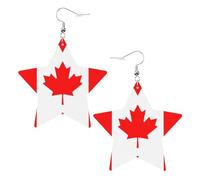 White Trendy Leather Star Earrings for Women - Canadian flag Print Dangle Jewelry, Lightweight Fashionable Hoop Pendants