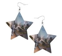 White Trendy Leather Star Earrings for Women - Cat and Reflection Tiger animal Print Dangle Jewelry, Lightweight Fashion Accessory