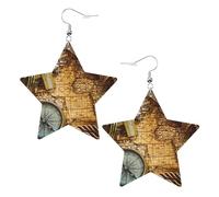 White Trendy Leather Star Earrings for Women - Compass and Old World Map Print Dangle Jewelry, Lightweight Fashion Accessory