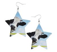 White Trendy Leather Star Earrings for Women - Cow Patterns Print Dangle Jewelry, Lightweight Fashionable Hoop Pendants