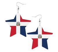 White Trendy Leather Star Earrings for Women - Dominican Republic Print Dangle Jewelry, Lightweight Fashionable Hoop Pendants
