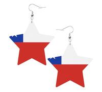 White Trendy Leather Star Earrings for Women - Flag of Chile Print Dangle Jewelry, Lightweight Fashionable Hoop Pendants