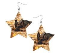 White Trendy Leather Star Earrings for Women - German Shepherd Dog Print Dangle Jewelry, Lightweight Fashion Accessory