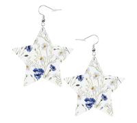White Trendy Leather Star Earrings for Women - Hand Drawn Flower Print Dangle Jewelry, Lightweight Fashionable Hoop Pendants