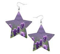 White Trendy Leather Star Earrings for Women - Lightweight Purple Lavender Colored Flowers Print Dangle Jewelry, Party Favors & Decorations
