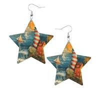 White Trendy Leather Star Earrings for Women - Lightweight The Seaside Lighthouse Print Dangle Jewelry, Party Favors & Decorations