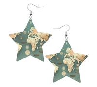 White Trendy Leather Star Earrings for Women - Lightweight World Map Retro Print Dangle Jewelry, Party Favors & Decorations