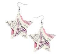 White Trendy Leather Star Earrings for Women - Paris Eiffel Tower Flower Print Dangle Jewelry, Lightweight Fashion Accessory