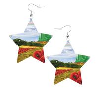 White Trendy Leather Star Earrings for Women - Poppies Field Yellow Brick Road Print Dangle Jewelry, Lightweight Fashion Accessory